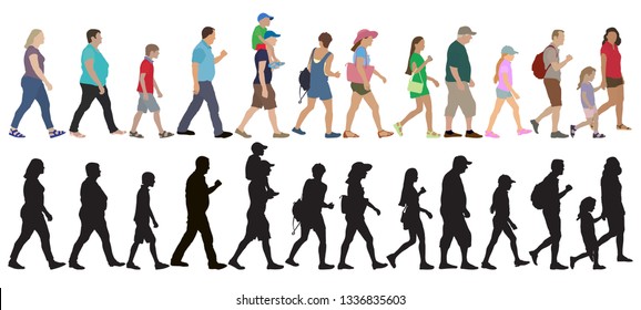 Set of walking people (crowd) and silhouettes, isolated. Vector illustration.