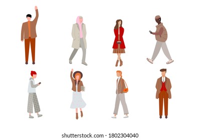 Set of walking people of different races dressed in autumn clothes. Cute flat cartoon characters. 