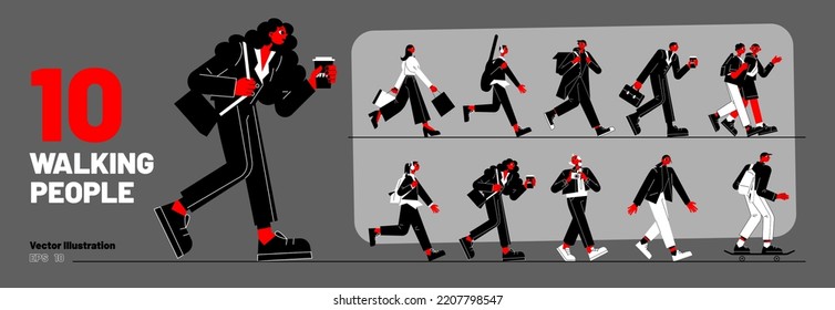 Set of walking people, diverse passerby characters walk. Tourist with camera, courier, businessperson with coffee cup, teenager with guitar, student on skateboard, Line art flat vector illustration