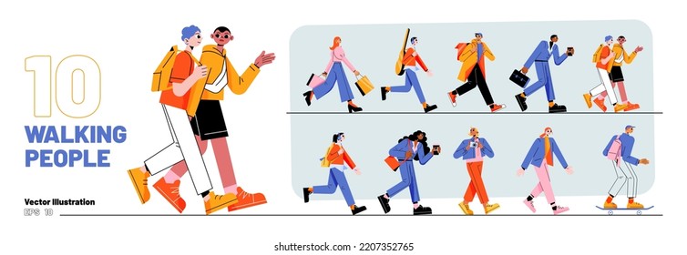 Set of walking people. Diverse pedestrians walk, tourist with camera, businessman, teenager, student or schoolgirl, courier passerby characters, young men and women, Line art flat vector illustration