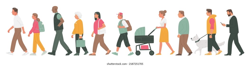 Set of walking people on an isolated background. Men and women, boys and girls, grandparents go side view. Vector illustration in flat style