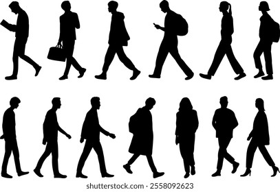 set of walking people silhouette on white background, vector