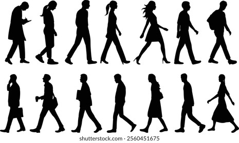 set of walking people silhouette on white background, vector