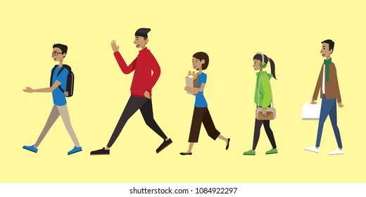 A set of walking people in various clothes
