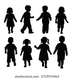 Conjunto de siluetas de correr caminando con niños pequeños, niños y niñas en movimiento escenas al aire libre activas y lúdicas