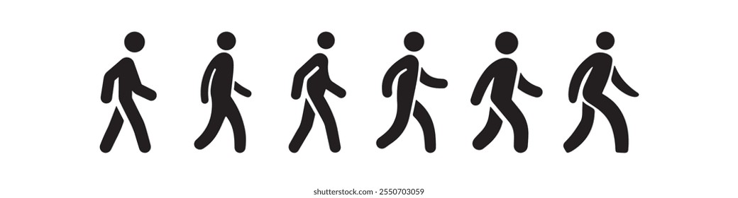 A set of walking silhouette icons showcasing human motion in a minimalist style. Ideal for design projects, apps, infographics, and signage.