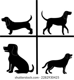 Set walking and standing dog silhouettes. Shepherd, beagle, great dane, dachshund, poodle, pit bull. . Vector black flat icon isolated on white background.