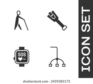 Set Bastón de bastón para caminar, Sujeción humana ciega, Reloj inteligente e icono de pierna de prótesis. Vector