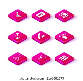 Set Walking stick cane, Dental implant, Human broken bone, Disabled elevator, Press the SOS button, Hospital bed, Man without legs sitting wheelchair and Separated toilet for disabled icon. Vector