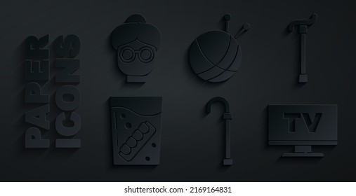Set Walking stick cane, False jaw glass, Smart Tv, Yarn ball with knitting needles and Grandmother icon. Vector