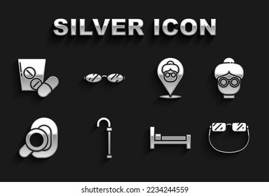 Set Walking stick cane, Grandmother, Eyeglasses, Bed, Hearing aid, Nursing home, Medicine pill or tablet and  icon. Vector