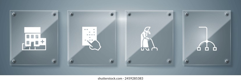 Set Walking stick cane, Grandmother, Braille and Medical hospital building. Square glass panels. Vector