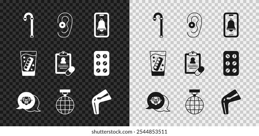 Conjunto bastón de bastón, audífono, llamada telefónica de emergencia, abuelo, bola de discoteca, dolor óseo, vidrio de mandíbula falsa e icono de receta médica. Vector