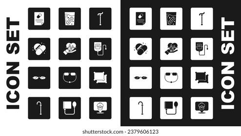 Ponga bastón para caminar, frecuencia cardíaca, píldora o comprimido de Medicina, prescripción médica, bolsa IV, vidrio falso de la mandíbula, icono de almohada y anteojos. Vector