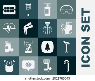 Set Walking stick cane, Socks, Medicine bottle and pills, Bone pain, Heart rate, False jaw and Disco ball icon. Vector