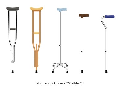 Set of walking sticks and crutches. Telescopic metal canes, wooden cane, cane with additional support, telescopic crutch, wooden crutch. Medical devices. Vector flat illustration