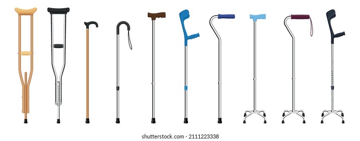 Set of walking sticks and crutches. Telescopic metal canes, wooden cane, cane with additional support, elbow crutch, telescopic crutch, wooden crutch. Medical devices. Vector illustration