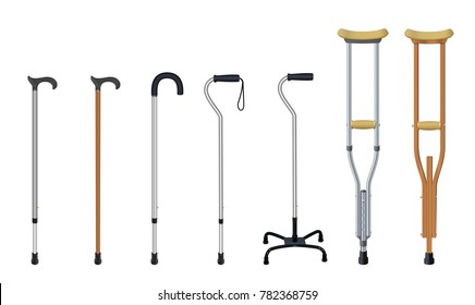 Set of walking sticks and crutches. Telescopic aluminum cane, elegant wooden walking cane, ergonomic canes with curved handle, cane - quadpod, metallic and wooden crutches. Medical assistance. Vector