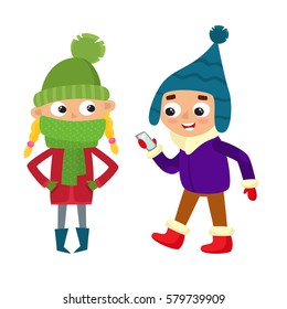 Set of walking young teenages in winter clothes. Boy with mobile, standing girl. Vector illustration of hipster kid in cartoon style.