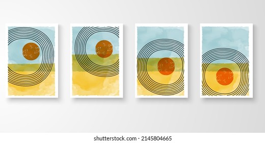 Conjunto de ilustraciones pintadas abstractas de arte de pared. Dibujo de arte de línea moderna con composición decorativa de forma orgánica. Ilustración vectorial de arte acuarela.