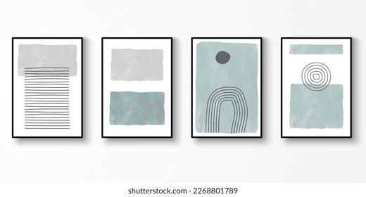 Set of wall art abstract painted Illustrations. Modern line art drawing with organic shape decorative composition. Watercolor art vector illustration.