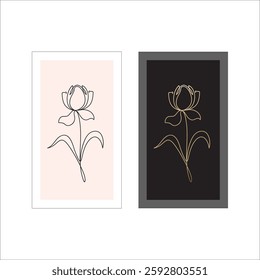 Set of wall art composition with wildflower. Sketch abstract peony. Vector illustration drawn by one line.