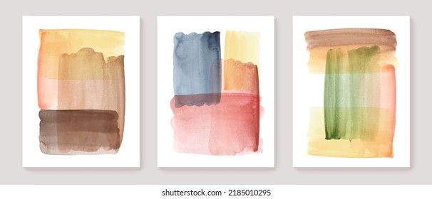 Set of wall art compositions. Colorful watercolor brush strokes,  textures, squares. Geometric posters design