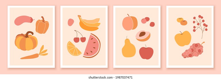 Set of wall art compositions with fruits, berries and vegetables. Summer, autumn, exotic food. Fresh, eco, healthy food vector illustration.