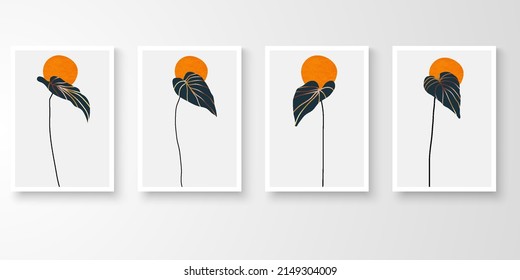 Set of wall art drawing with abstract organic shape composition earth tone. Moon plants, alocasia art vector illustration.