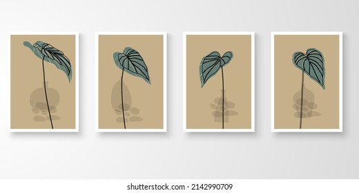 Set of wall art with frames.Modern line art drawing with abstract organic shape composition earth tone. Moon plants, stone, alocasia art vector illustration.