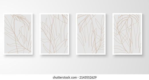 Set of wall art with frames.Modern line art drawing with abstract organic shape composition earth tone. Moon plants, stone, alocasia art vector illustration.