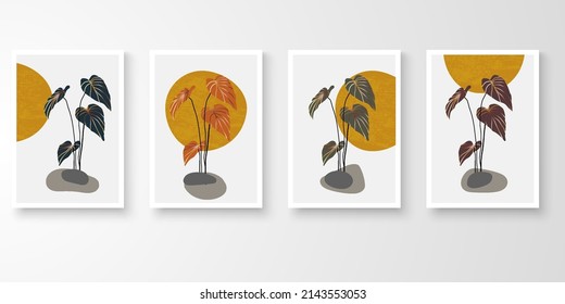 Set of wall art with frames.Modern line art drawing with abstract organic shape composition earth tone. Moon plants, stone, alocasia art vector illustration.