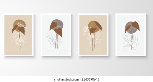Set von Wandkunst mit Rahmen.Moderne Linienzeichnung mit abstrakter organischer Formzusammensetzung Erdton. Mondpflanzen, Stein, Alocasia-Kunst, Vektorgrafik.