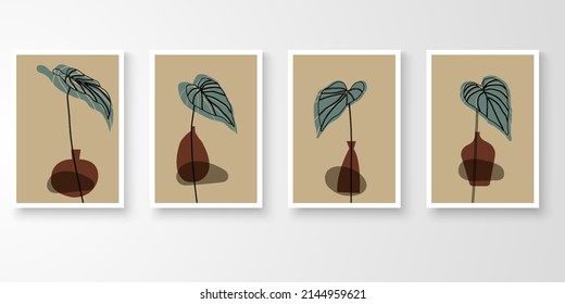 Set of wall art with frames.Modern line art drawing with abstract organic shape composition earth tone. Moon plants, stone, alocasia art vector illustration.