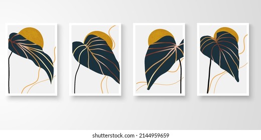 Set of wall art with frames.Modern line art drawing with abstract organic shape composition earth tone. Moon plants, stone, alocasia art vector illustration.