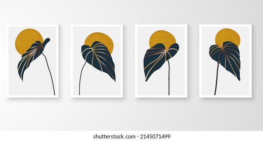 Set of wall art with frames.Modern line art drawing with abstract organic shape composition earth tone. Moon plants, stone, alocasia art vector illustration.