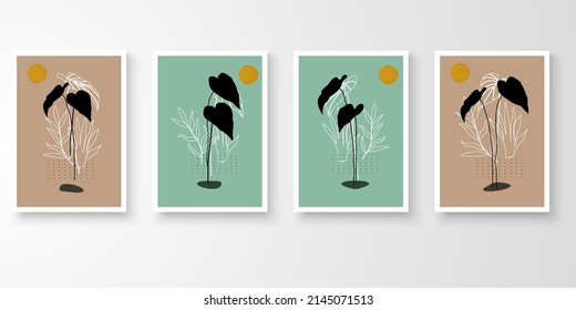 Conjunto de arte de pared con marcos.Dibujo de líneas modernas con composición de forma orgánica abstracta tono de tierra. Plantas lunares, piedra, alocasia, palma, ilustración vectorial de arte monstera.