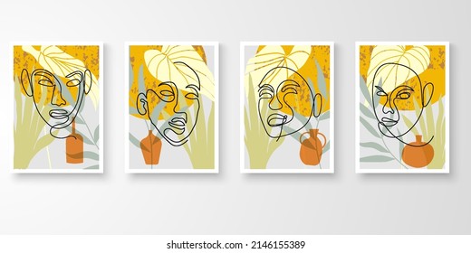 Set of wall art with frames.Modern line art drawing with abstract organic shape composition green tone. plants, pot, face art vector illustration.