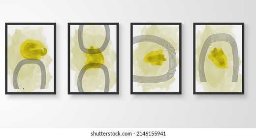 Conjunto de arte de pared con marcos.Dibujo de líneas modernas con composición de forma orgánica abstracta tono de tierra. Ilustración vectorial de arte de color de agua.