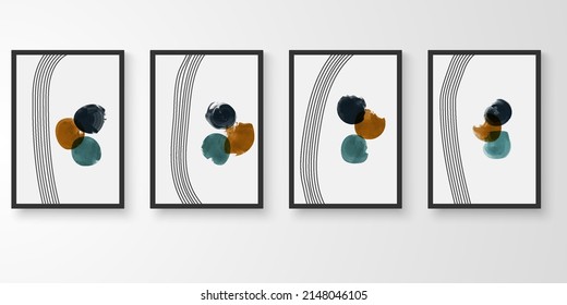 Set of wall art with frames.Modern line art drawing with abstract organic shape composition earth tone. Water color art vector illustration.