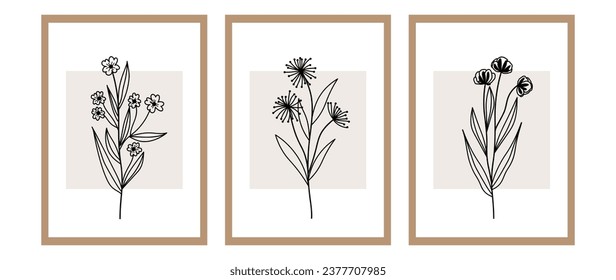 Set for wall art gallery of minimalistic prints for printing. Wall botanical art of branches and flowers, for bedroom, living room and office decor. Hand drawn vector design elements.	