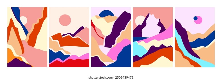 Set of wall art illustrations featuring landscapes in Japanese or Korean style. The vector designs depict serene mountain scenes, sunrises, and sunsets