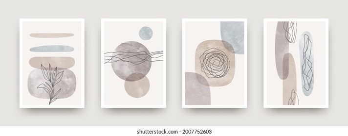 Set von Tapete-Kunst minimalistisches Poster. Skandinavisches Dekor mit handgezeichneter Wand. Design mit abstrakter Form, Linien und Pflanze. Kann für Umschlag, Druck, Plakat, Wanddekoration verwendet werden. Vektorgrafik.