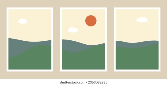 Conjunto de arte mural paisaje natural abstracto a mediados de siglo con cielo, nubes, sol, hierba y montañas. Ilustración minimalista moderna para la decoración de la casa de arte de pared, impresiones, papel pintado. Ilustración del vector