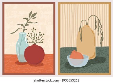 Set Of Wall Art Paintings. Still Life Composition With Vases, Plants. Green Botanical, Tangerine Branch, Lemon. Hand Drawn Modern Trendy Style. 