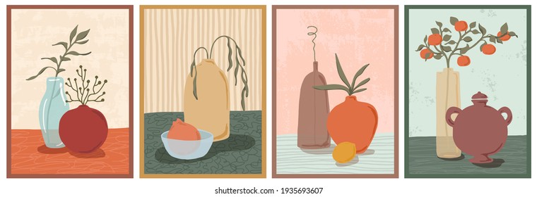 Set of wall art paintings. Still life composition with vases, plants. Green botanical, tangerine branch, lemon. Hand drawn modern trendy style. 