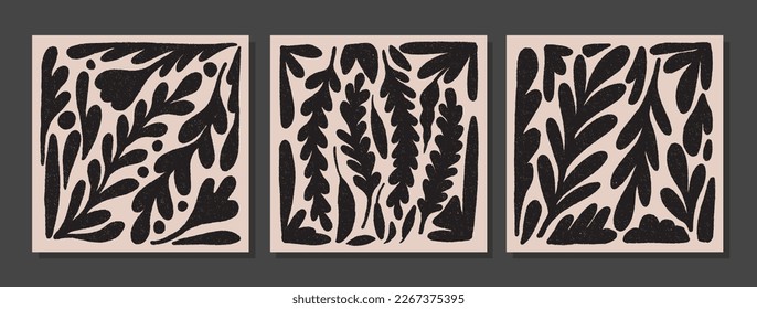 Set of wall art with plants silhouettes. Collage with curly branches with grunge texture. Retro style abstract minimalist art mural illustration. Collection of simple floral patterns