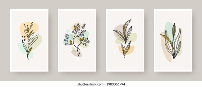 Set von Wand-Art-Poster. Abstrakte Form und Linie Kunstpflanze mit glatterem Gold, boho Stil botanische Design für Cover, Druck, Poster, Einladung. Vektor-Blumendesign.