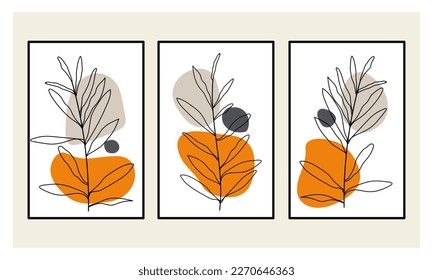 Set of Wall Art Poster Templates with Abstract Organic Shapes, Leaves, Rainbow. Wall Decor Composition in Boho Contemporary Minimal Style.