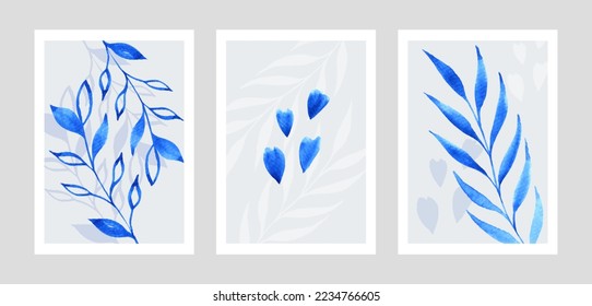 Set of wall art posters with blue watercolor leaves on white background. Beautiful decoration for interior. Vector.